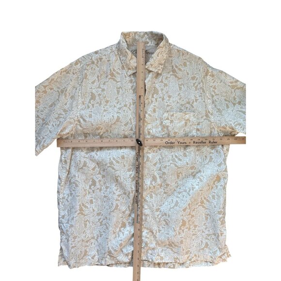 Caribbean Shirt Mens Large Beige White Linen Short Sleeve Floral Tropical Button - Picture 8 of 8